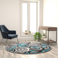 Flash Furniture ACD-RG414-66-TQ-GG Masie Collection 6' x 6' Round Turquoise Swirl Olefin Area Rug with Jute Backing - Entryway, Living Room, Bedroom